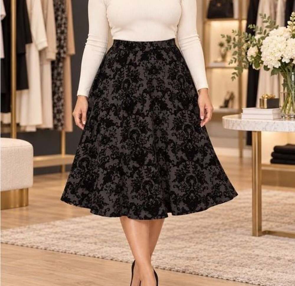 Faith and Joy by Monteau Skirt Size Large Black Velvet Floral Midi A-Line